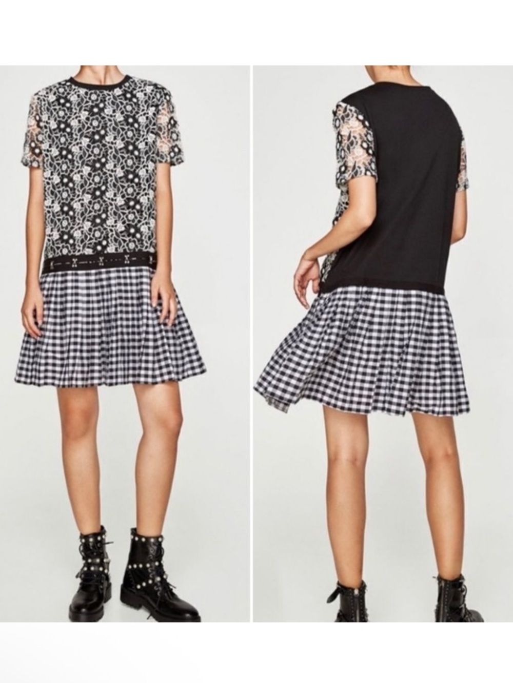 NWT ZARA Crochet Lace Check Drop Waist Dress M